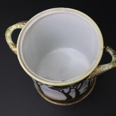 Antique Maple Leaf Mark Nippon Hand Painted Porcelain Gold and Vibrant Landscape Lidded Container with Handles
