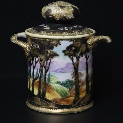 Antique Maple Leaf Mark Nippon Hand Painted Porcelain Gold and Vibrant Landscape Lidded Container with Handles