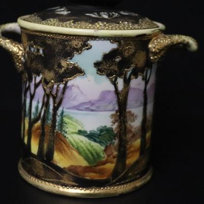 Antique Maple Leaf Mark Nippon Hand Painted Porcelain Gold and Vibrant Landscape Lidded Container with Handles