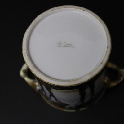 Antique Maple Leaf Mark Nippon Hand Painted Porcelain Gold and Vibrant Landscape Lidded Container with Handles