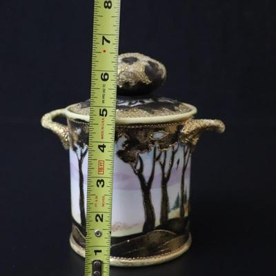 Antique Maple Leaf Mark Nippon Hand Painted Porcelain Gold and Vibrant Landscape Lidded Container with Handles
