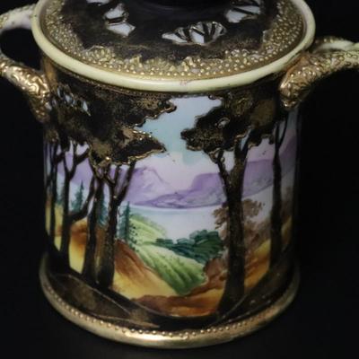 Antique Maple Leaf Mark Nippon Hand Painted Porcelain Gold and Vibrant Landscape Lidded Container with Handles