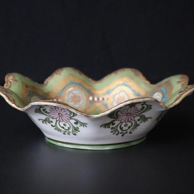 Circa 1904 Royal Hinode Nippon Hand Painted Gold Green Blue and Pink Decorative Bowl