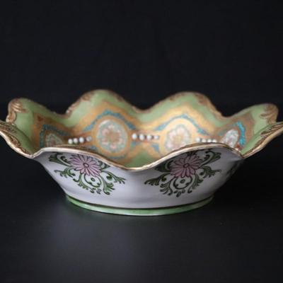 Circa 1904 Royal Hinode Nippon Hand Painted Gold Green Blue and Pink Decorative Bowl