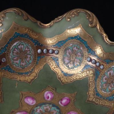 Circa 1904 Royal Hinode Nippon Hand Painted Gold Green Blue and Pink Decorative Bowl