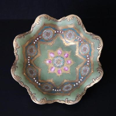 Circa 1904 Royal Hinode Nippon Hand Painted Gold Green Blue and Pink Decorative Bowl