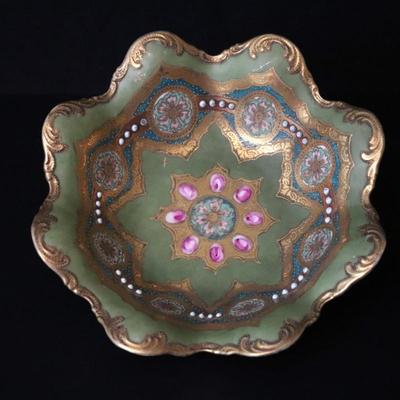 Circa 1904 Royal Hinode Nippon Hand Painted Gold Green Blue and Pink Decorative Bowl