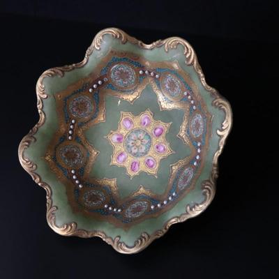 Circa 1904 Royal Hinode Nippon Hand Painted Gold Green Blue and Pink Decorative Bowl