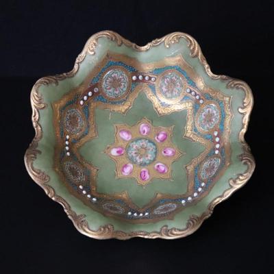 Circa 1904 Royal Hinode Nippon Hand Painted Gold Green Blue and Pink Decorative Bowl
