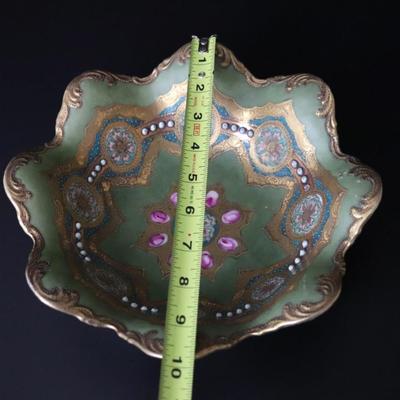 Circa 1904 Royal Hinode Nippon Hand Painted Gold Green Blue and Pink Decorative Bowl