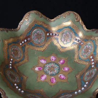 Circa 1904 Royal Hinode Nippon Hand Painted Gold Green Blue and Pink Decorative Bowl