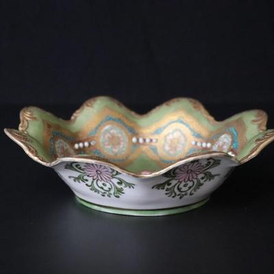 Circa 1904 Royal Hinode Nippon Hand Painted Gold Green Blue and Pink Decorative Bowl