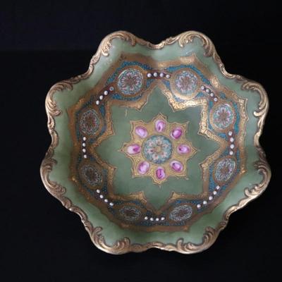 Circa 1904 Royal Hinode Nippon Hand Painted Gold Green Blue and Pink Decorative Bowl