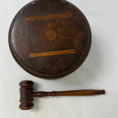 Sale Photo Thumbnail #102: Believed to be fraternal. Has a name plate and is dated 1945. Measurement: 8.5"L (hammer); 7.5" diameter (gavel). [LV]