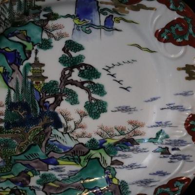 Vibrantly Painted Asian Hand Painted 10 Inch Plate with Porcelain Mark