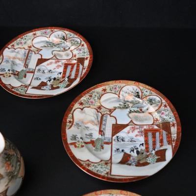 Antique Dai Nippon Set of 11 Plates and Lidded Container and Small Pitcher with Hand Painted Gold Red and Japanese Scenes