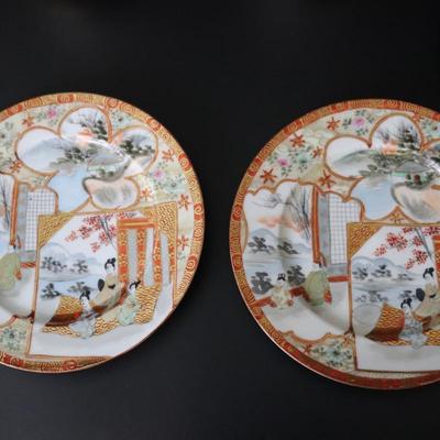 Antique Dai Nippon Set of 11 Plates and Lidded Container and Small Pitcher with Hand Painted Gold Red and Japanese Scenes