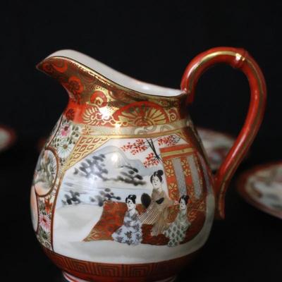 Antique Dai Nippon Set of 11 Plates and Lidded Container and Small Pitcher with Hand Painted Gold Red and Japanese Scenes