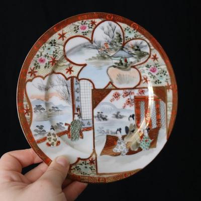 Antique Dai Nippon Set of 11 Plates and Lidded Container and Small Pitcher with Hand Painted Gold Red and Japanese Scenes