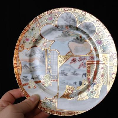 Antique Dai Nippon Set of 11 Plates and Lidded Container and Small Pitcher with Hand Painted Gold Red and Japanese Scenes