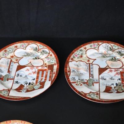 Antique Dai Nippon Set of 11 Plates and Lidded Container and Small Pitcher with Hand Painted Gold Red and Japanese Scenes