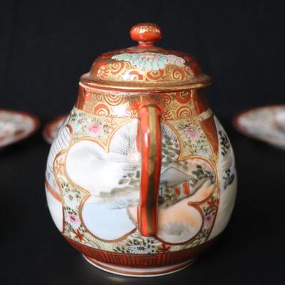 Antique Dai Nippon Set of 11 Plates and Lidded Container and Small Pitcher with Hand Painted Gold Red and Japanese Scenes