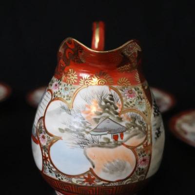 Antique Dai Nippon Set of 11 Plates and Lidded Container and Small Pitcher with Hand Painted Gold Red and Japanese Scenes