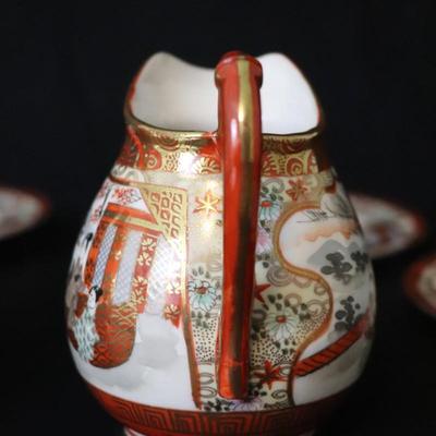 Antique Dai Nippon Set of 11 Plates and Lidded Container and Small Pitcher with Hand Painted Gold Red and Japanese Scenes