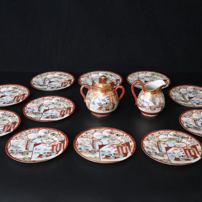 Antique Dai Nippon Set of 11 Plates and Lidded Container and Small Pitcher with Hand Painted Gold Red and Japanese Scenes