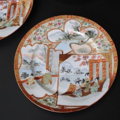Antique Dai Nippon Set of 11 Plates and Lidded Container and Small Pitcher with Hand Painted Gold Red and Japanese Scenes