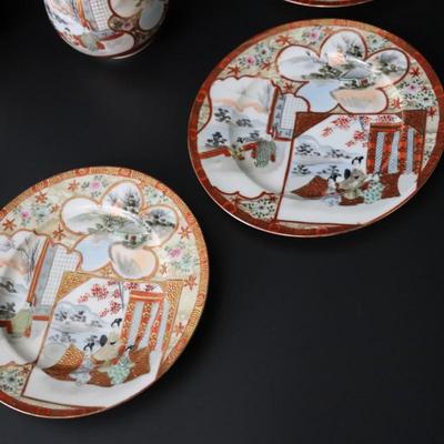 Antique Dai Nippon Set of 11 Plates and Lidded Container and Small Pitcher with Hand Painted Gold Red and Japanese Scenes