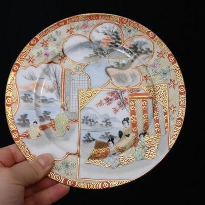 Antique Dai Nippon Set of 11 Plates and Lidded Container and Small Pitcher with Hand Painted Gold Red and Japanese Scenes