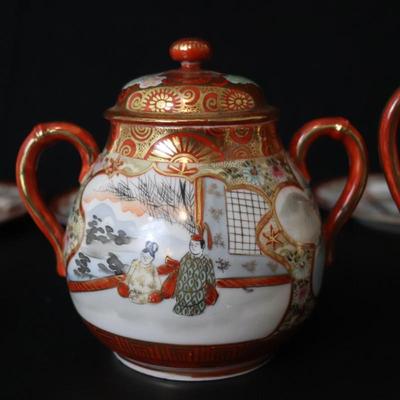 Antique Dai Nippon Set of 11 Plates and Lidded Container and Small Pitcher with Hand Painted Gold Red and Japanese Scenes
