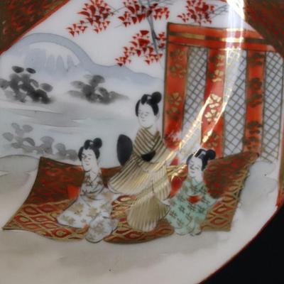 Antique Dai Nippon Set of 11 Plates and Lidded Container and Small Pitcher with Hand Painted Gold Red and Japanese Scenes