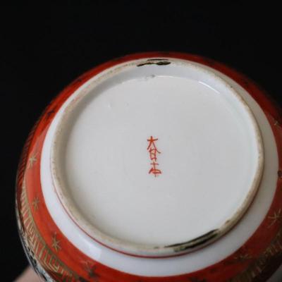 Antique Dai Nippon Set of 11 Plates and Lidded Container and Small Pitcher with Hand Painted Gold Red and Japanese Scenes