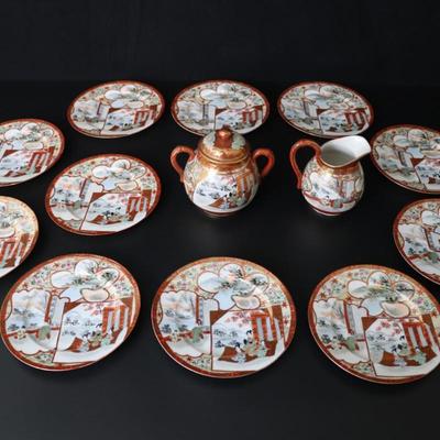 Antique Dai Nippon Set of 11 Plates and Lidded Container and Small Pitcher with Hand Painted Gold Red and Japanese Scenes