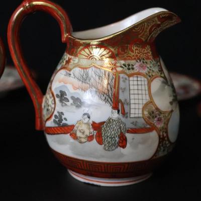 Antique Dai Nippon Set of 11 Plates and Lidded Container and Small Pitcher with Hand Painted Gold Red and Japanese Scenes