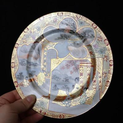 Antique Dai Nippon Set of 11 Plates and Lidded Container and Small Pitcher with Hand Painted Gold Red and Japanese Scenes