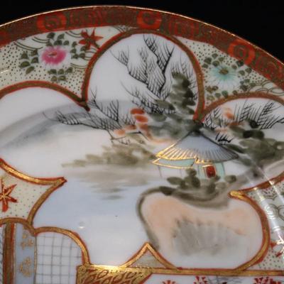 Antique Dai Nippon Set of 11 Plates and Lidded Container and Small Pitcher with Hand Painted Gold Red and Japanese Scenes