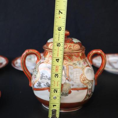 Antique Dai Nippon Set of 11 Plates and Lidded Container and Small Pitcher with Hand Painted Gold Red and Japanese Scenes