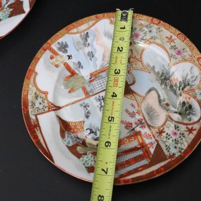 Antique Dai Nippon Set of 11 Plates and Lidded Container and Small Pitcher with Hand Painted Gold Red and Japanese Scenes