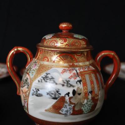 Antique Dai Nippon Set of 11 Plates and Lidded Container and Small Pitcher with Hand Painted Gold Red and Japanese Scenes