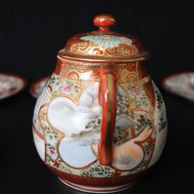 Antique Dai Nippon Set of 11 Plates and Lidded Container and Small Pitcher with Hand Painted Gold Red and Japanese Scenes