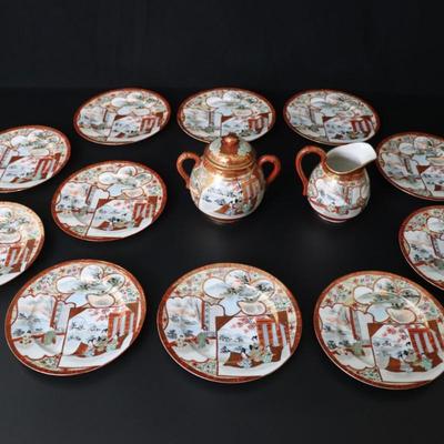 Antique Dai Nippon Set of 11 Plates and Lidded Container and Small Pitcher with Hand Painted Gold Red and Japanese Scenes