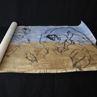 Large 13 ft Long 1969 Kenneth Callahan Original Sumi Ink Wash Painting on Paper