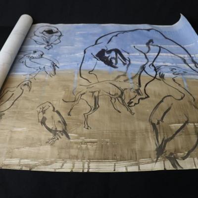 Large 13 ft Long 1969 Kenneth Callahan Original Sumi Ink Wash Painting on Paper