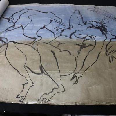 Large 13 ft Long 1969 Kenneth Callahan Original Sumi Ink Wash Painting on Paper