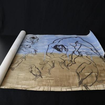 Large 13 ft Long 1969 Kenneth Callahan Original Sumi Ink Wash Painting on Paper