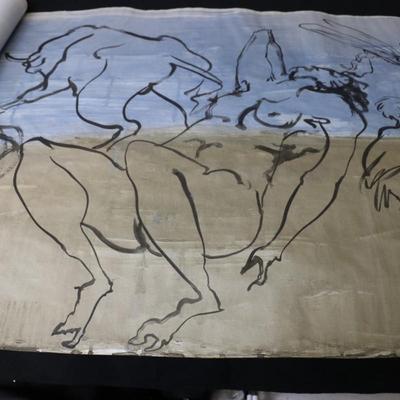 Large 13 ft Long 1969 Kenneth Callahan Original Sumi Ink Wash Painting on Paper