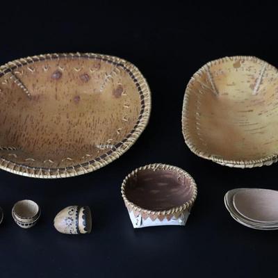 Lot of Native American Birch Bark Bowls and Accessories